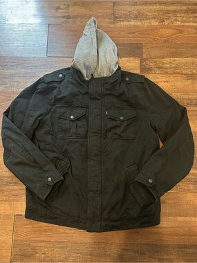 Levi Strauss Men's Black Hooded Field Jacket Sherpa Lined Coat - Size Large